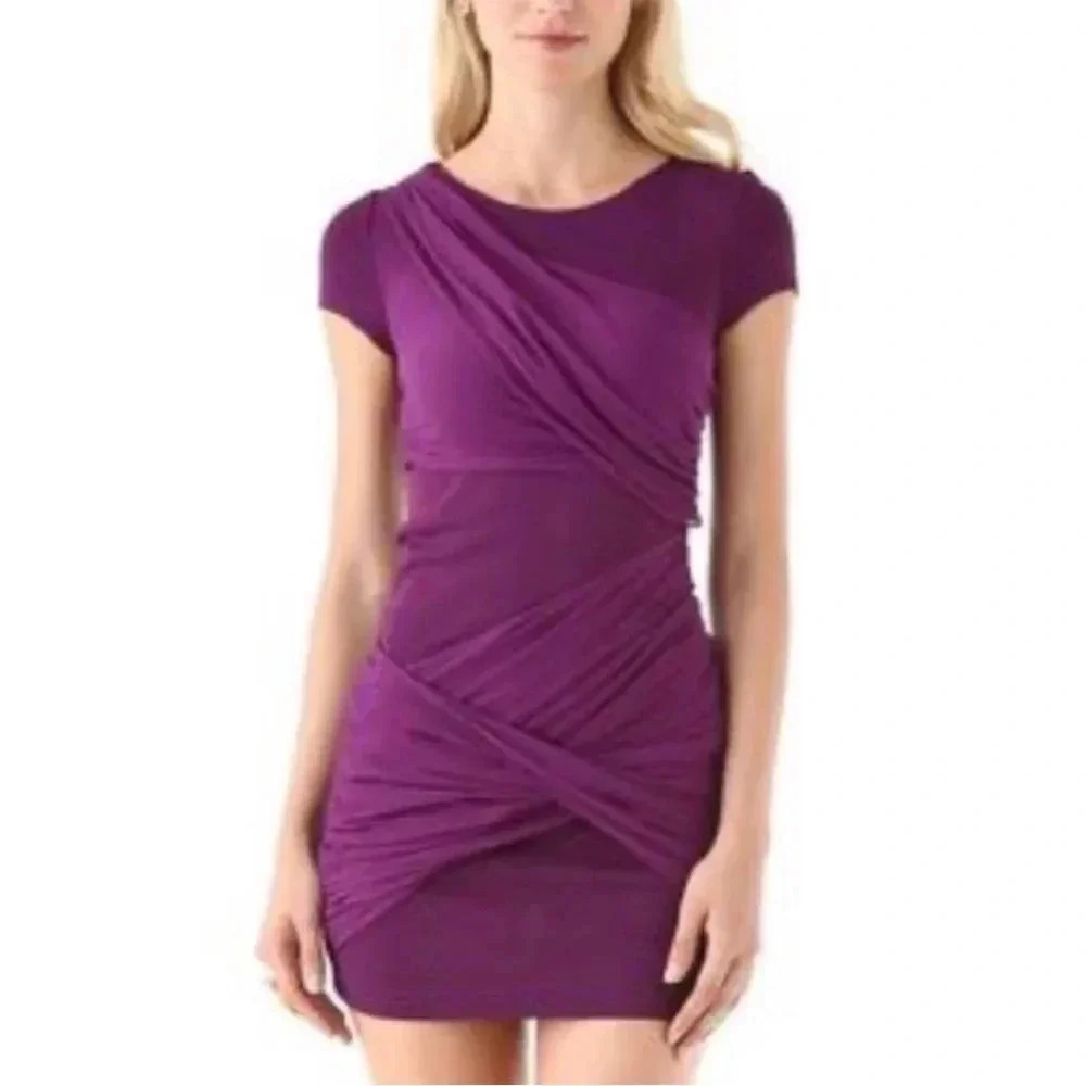 Alice + Olivia Purple Ruched Short Sleeve Bodycon Dress
